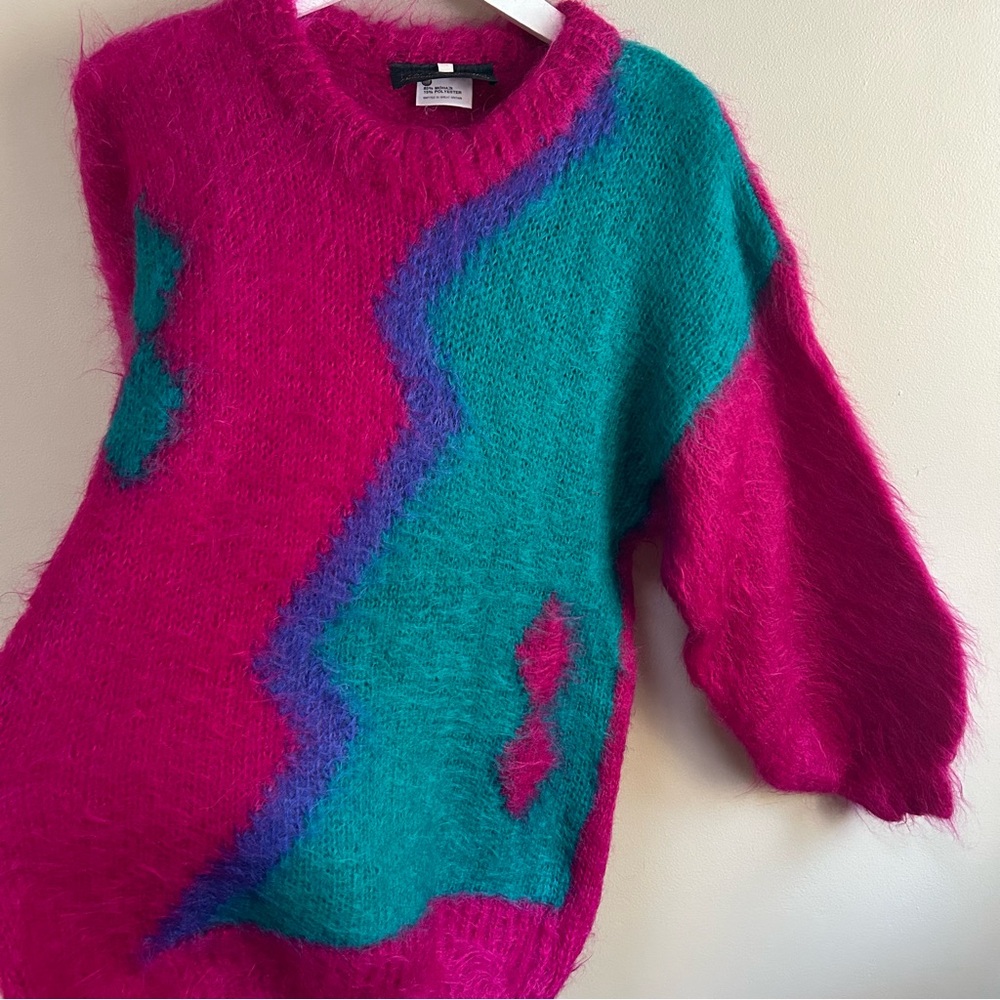 Gold Label Designer ~Vibrant 80s 90s Mohair Geometric Colorblock Sweater~ Medium - Picture 6 of 14